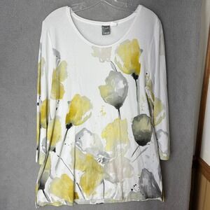 Simply Dolcezza Women L Top White Yellow Floral Watercolor 3/4 Sleeve Tunic